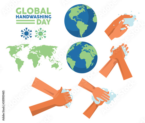 global handwashing day lettering with hands and earths planets