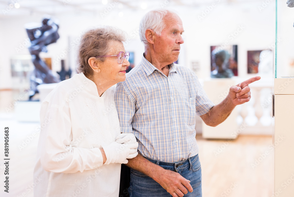 mature European couple examines paintings in an exhibition in hall of art museum mature European couple examines paintings in an exhibition in hall of art museum