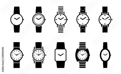 Hand watch. Time indication. Set of vector flat watches symbols and icons. Wrist watch or wristwatch sign. alarm clock. Stopwatch or timer. Clocks face.
