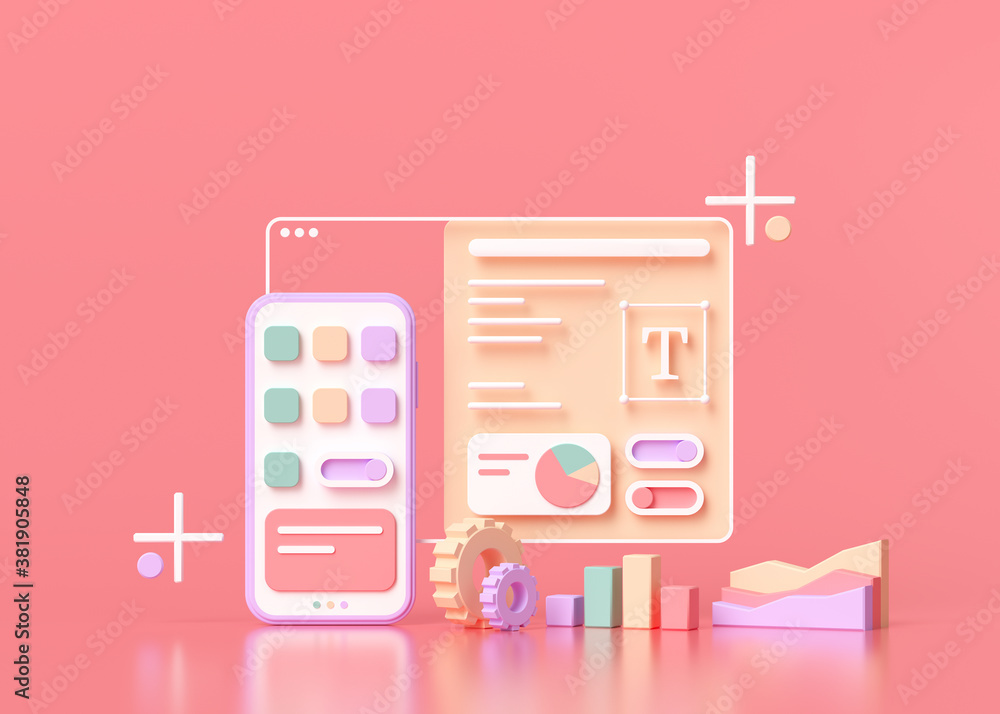 Application Development and UI-UX design Concept 3D render illustration Application Development and UI-UX design Concept 3D render illustration