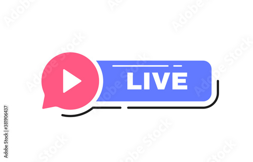 Live streaming label button with microphone emblem on message bubble. Logo design. Vector illustration
