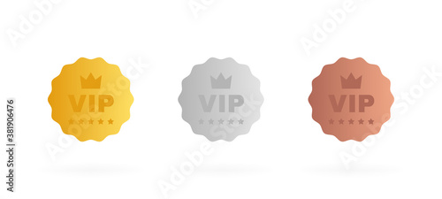 Set VIP badges in gold, silver and bronze color. Round label with three vip level. Modern vector illustration
