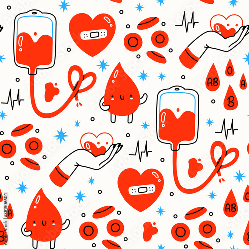 Blood bag, hearts, drops. Hand drawn Vector illustration. Hematology icons. Donate Blood, Health Care Concept. World Blood Donor Day. Trendy Seamless Pattern. Background, Wallpaper