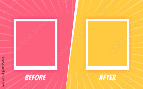Before and after background template. Two color retro background with halftone corners and frames for comparison. Vector illustration