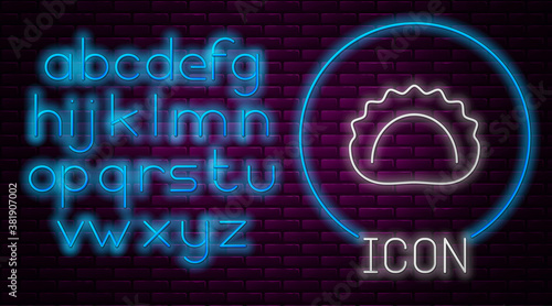 Glowing neon line Dumplings icon isolated on brick wall background. Pierogi, varenyky, pelmeni, ravioli. Traditional Ukrainian food. Neon light alphabet. Vector.