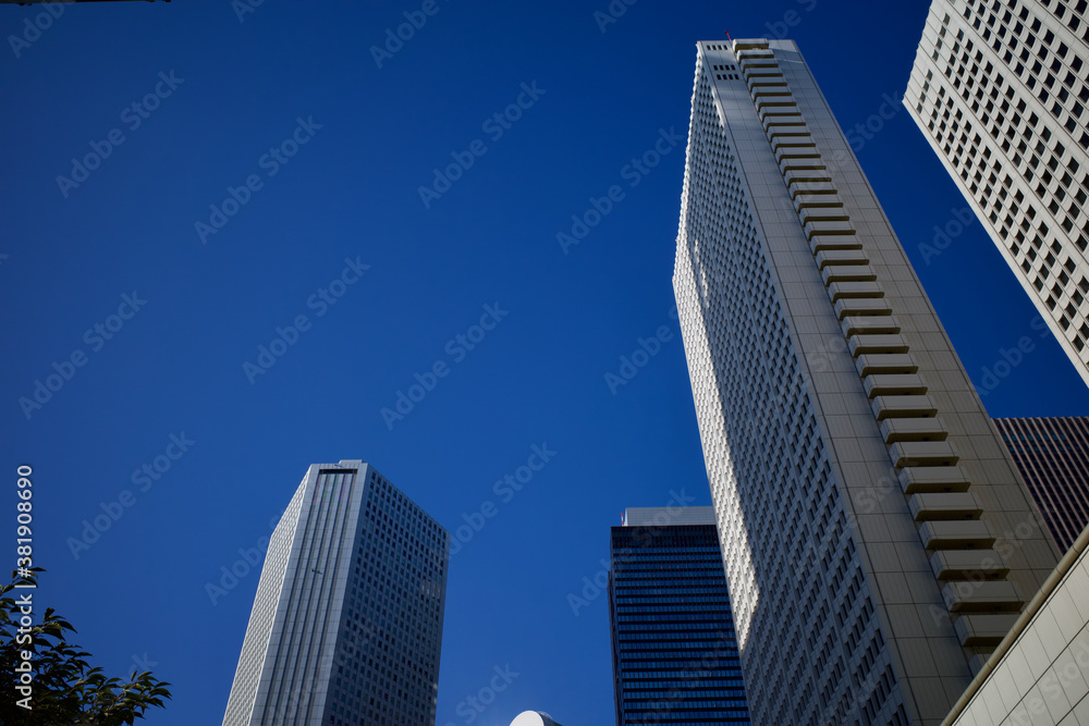 西新宿、副都心の高層ビル街と地下通路。高層ビル、青空、地下通路、緑の対比です。