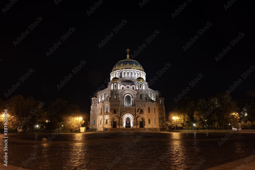 View of St. Nicholas Naval Cathedral in Kronstadt on a September night.