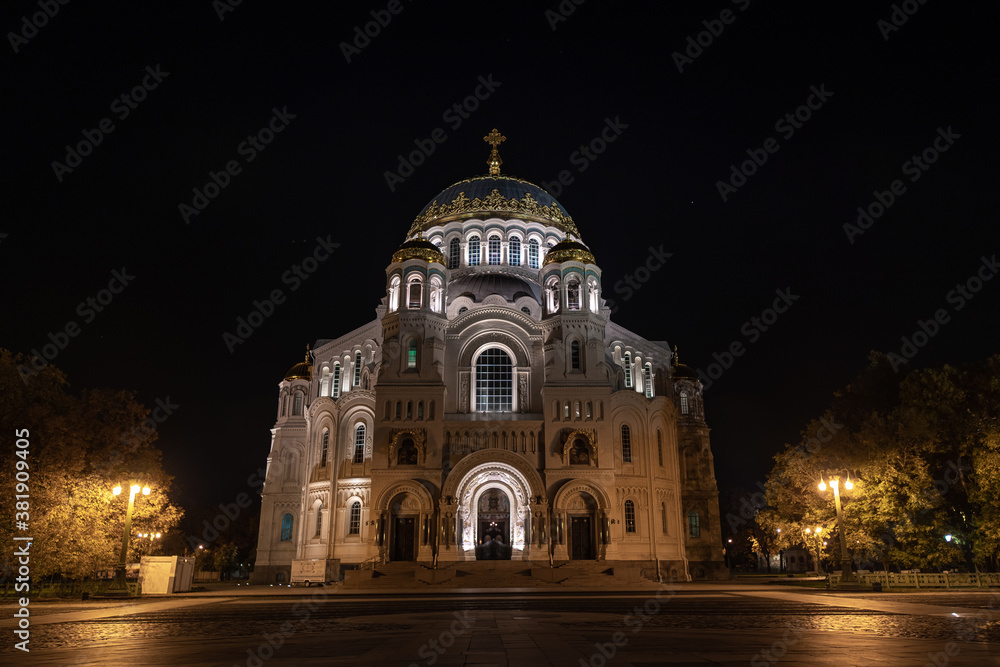 View of St. Nicholas Naval Cathedral in Kronstadt on a September night.