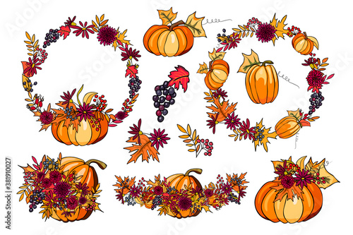 Collection of hand drawn autumn elements. Clip art with Pumpkin, wreath, branch, leaves and berries. Autumn mood. Vector illustration. Design for printing greeting card, invitation, poster, wrapping.