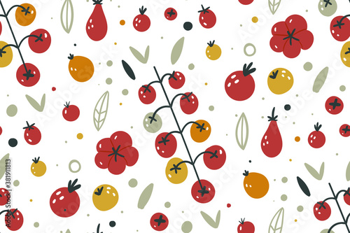 Fototapeta Naklejka Na Ścianę i Meble -  Vector tomato seamless pattern. hand-drawn organic food repeat design for fabric or wrapping paper, branding. Endless texture for kitchen wallpaper, textile, fabric, paper.Food background. Vegetarian.