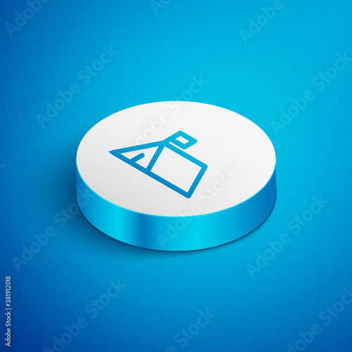 Isometric line Protest camp icon isolated on blue background. Protesting tent. White circle button. Vector.