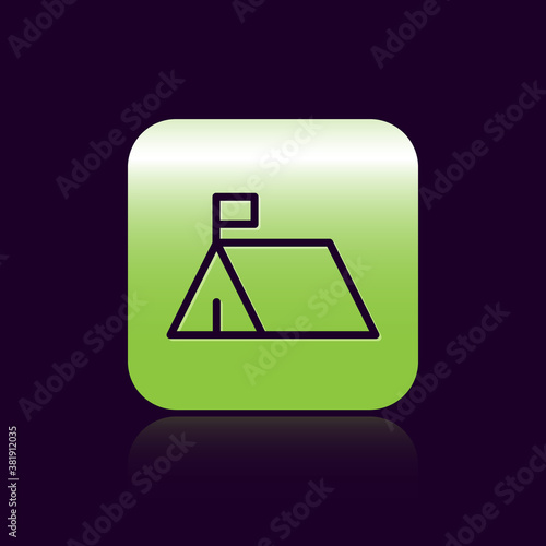 Black line Protest camp icon isolated on black background. Protesting tent. Green square button. Vector.