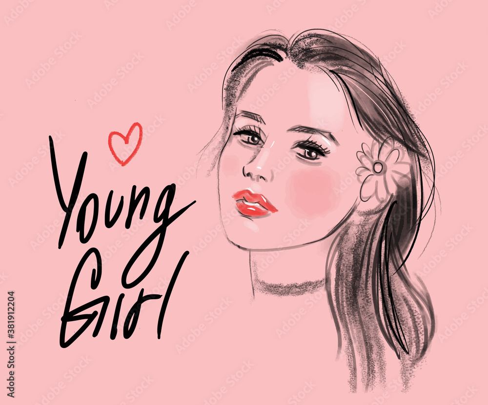 Hand drawing of a beautiful young girl in a choker on a pink background with the inscription. Face, makeup, fashion, sketch. Vector illustration Hand drawing of a beautiful young girl in a choker on a pink background with the inscription. Face, makeup, fashion, sketch. Vector illustration