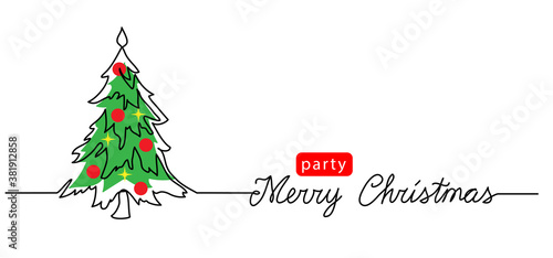 New year tree one continuous line drawing with lettering Merry Christmas. Minimalist tree web banner, background, poster with party announcement.
