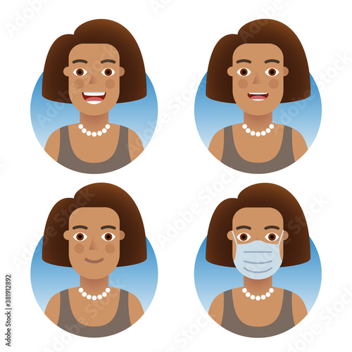 Avatars for business and social media accounts set. Swarthy fluffy hairstyle girl, various emotions. Medical mask, the COVID-19 pandemic protecting.