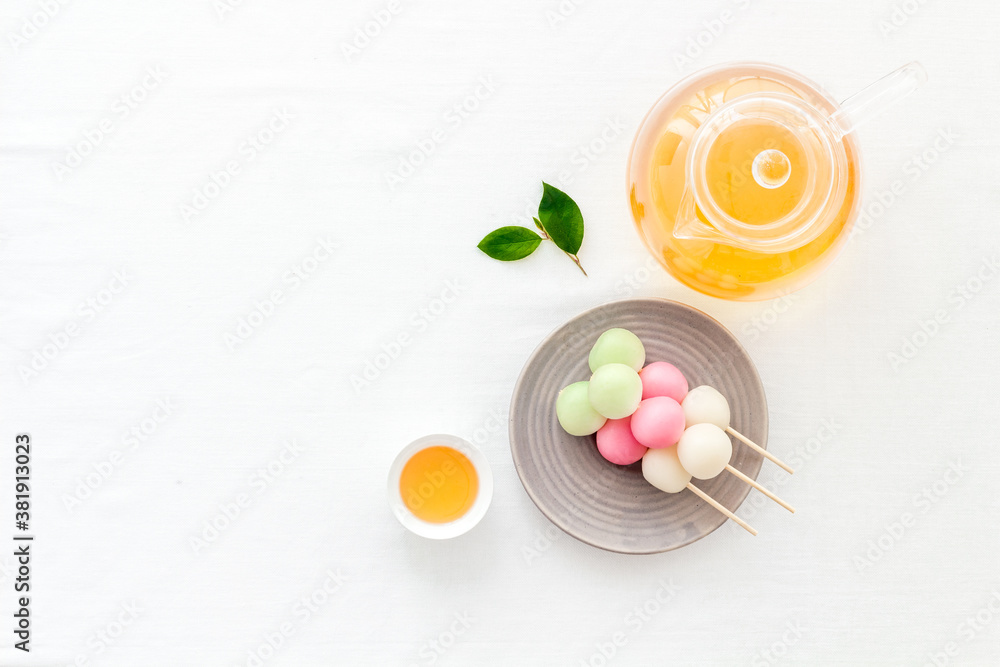 Asian dessert Dango rice dumplings and japanese tea Asian dessert Dango rice dumplings and japanese tea