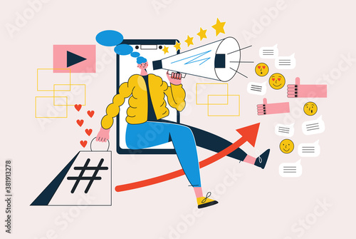 Influencer marketing concept flat vector illustration with character. Blogger, brand ambassador, promotion services and goods for her followers online. Live stream with product presentation, SMM 