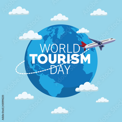 world tourism day lettering celebration with earth planet and airplane