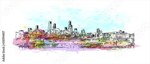 Building view with landmark of Beijing alternatively romanized as Peking is the capital of the Republic of China. Watercolor splash with hand drawn sketch illustration in vector. 