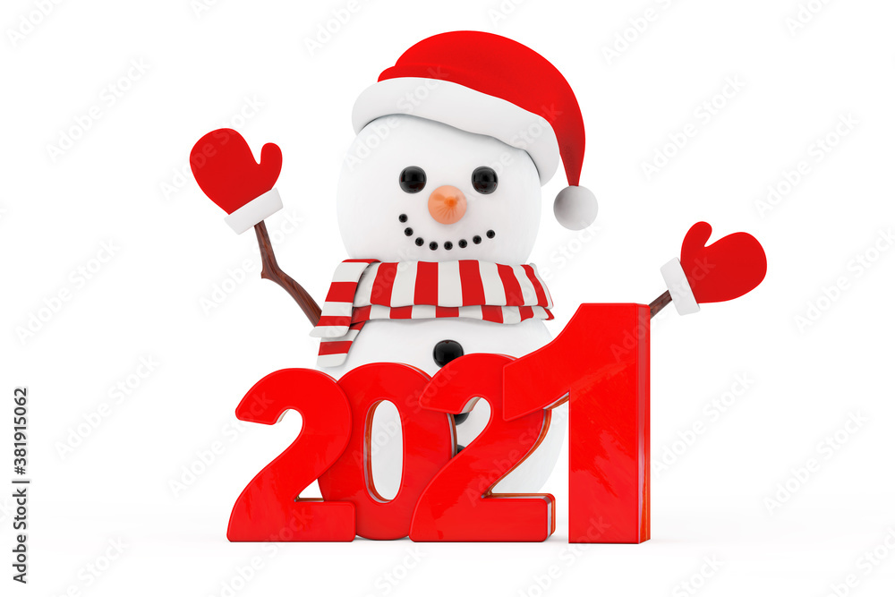 Snowman in Santa Claus Hat Character Mascot with New Year 2021 Sign. 3d Rendering Snowman in Santa Claus Hat Character Mascot with New Year 2021 Sign. 3d Rendering