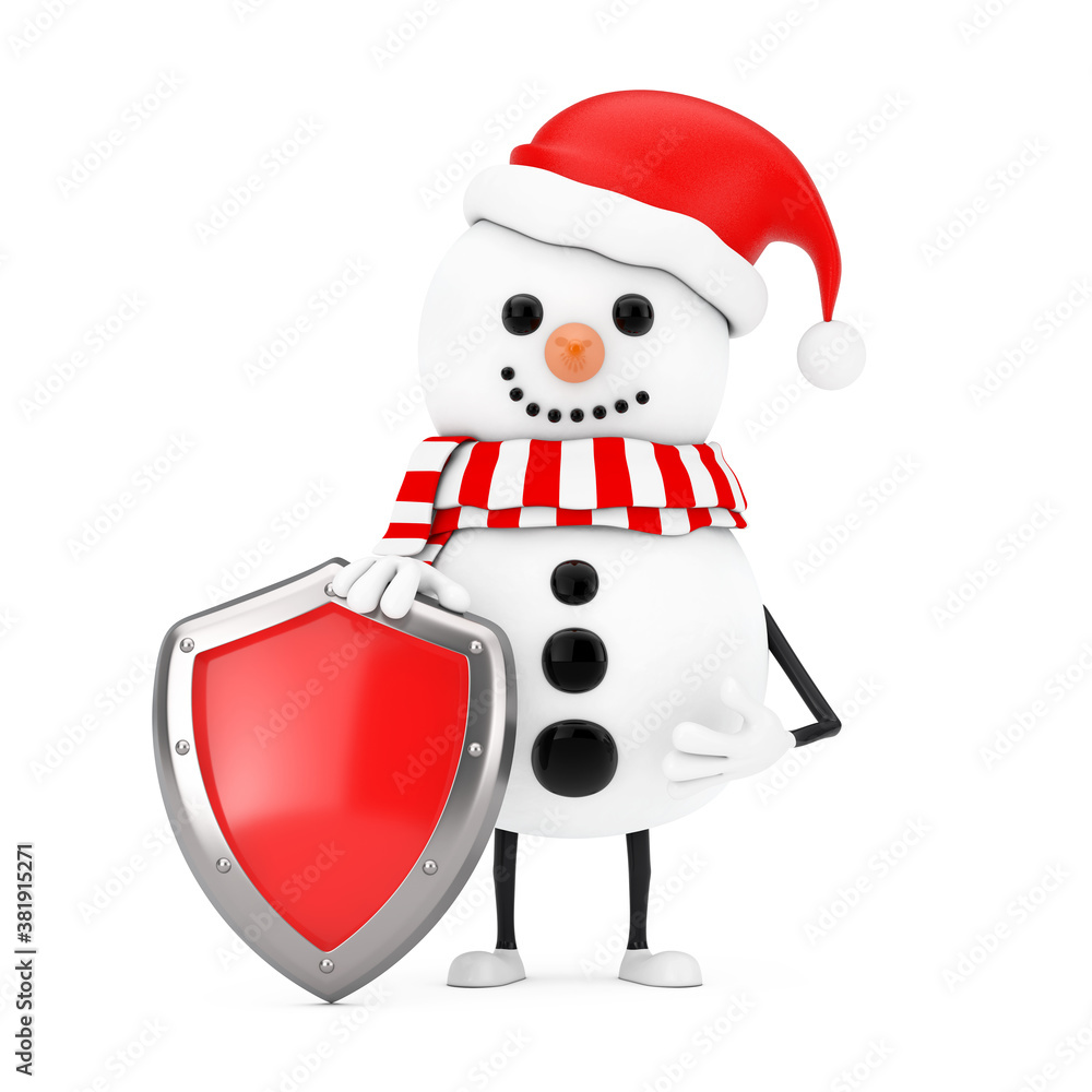 Snowman in Santa Claus Hat Character Mascot with Red Metal Protection Shield. 3d Rendering Snowman in Santa Claus Hat Character Mascot with Red Metal Protection Shield. 3d Rendering