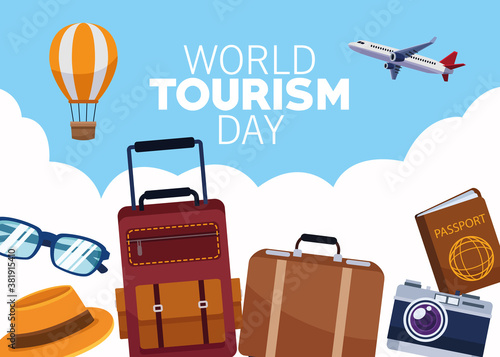 world tourism day lettering celebration with set traveling icons