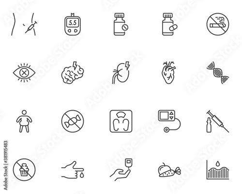 Diabetes treatment line icons set. linear style symbols collection, outline signs pack. vector graphics. Set includes icons as blood sugar glucometer, glucose test, insulin injection syringe, dieting