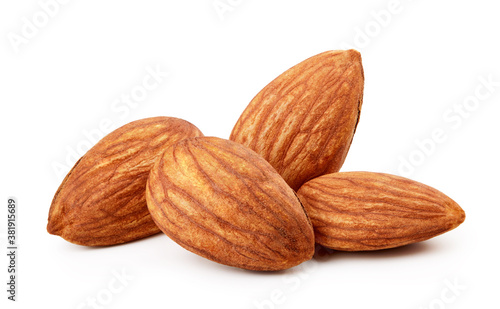 Closeup of almonds, isolated on white background