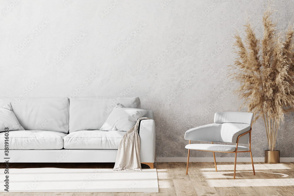 Fototapeta premium Light coloured minimalistic living room interior mock up with white and gold sofa and armchair with decorative plaster wall and wooden parquet floor, luxury, scandinavian style interior, 3d rendering
