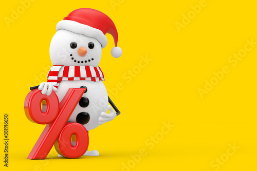 Snowman in Santa Claus Hat Character Mascot with Red Retail Percent Sale or Discount Sign. 3d Rendering