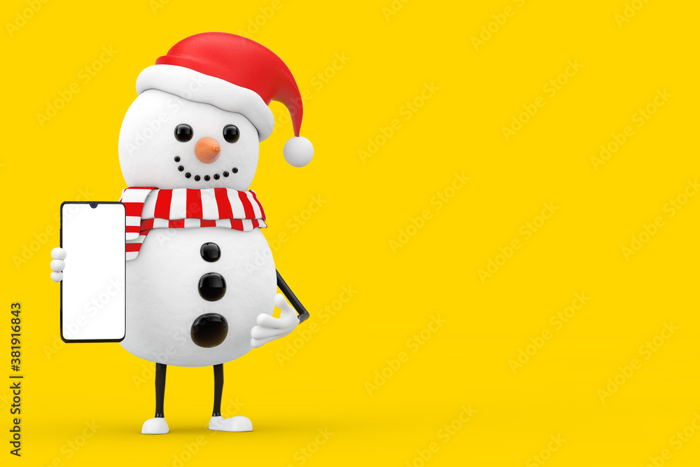 Snowman in Santa Claus Hat Character Mascot with Modern Mobile Phone with Blank Screen for Your Design. 3d Rendering Snowman in Santa Claus Hat Character Mascot with Modern Mobile Phone with Blank Screen for Your Design. 3d Rendering