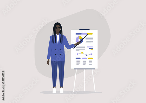 Young black female character wearing a blue smart casual costume, a business meeting, a research presentation