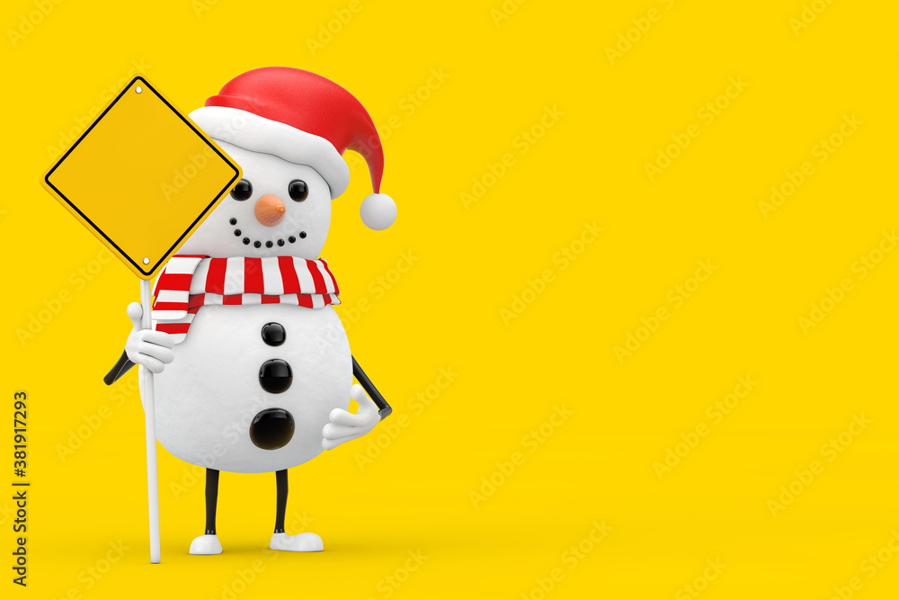 Snowman in Santa Claus Hat Character Mascot and Yellow Road Sign with Free Space for Yours Design. 3d Rendering