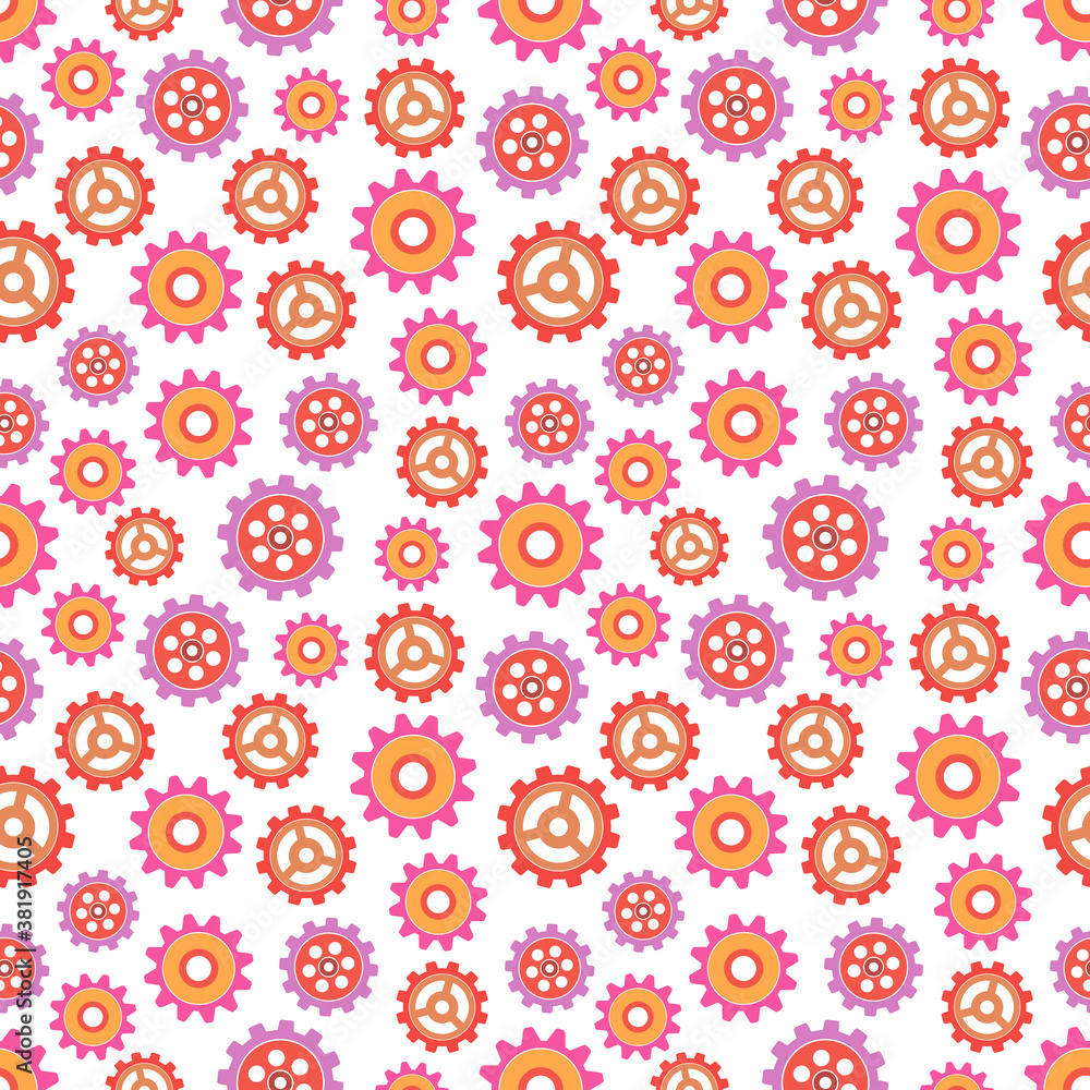 Colored gears seamless pattern. Vector drawing of factory gear wheels. Mechanical gear. The image of the gear.