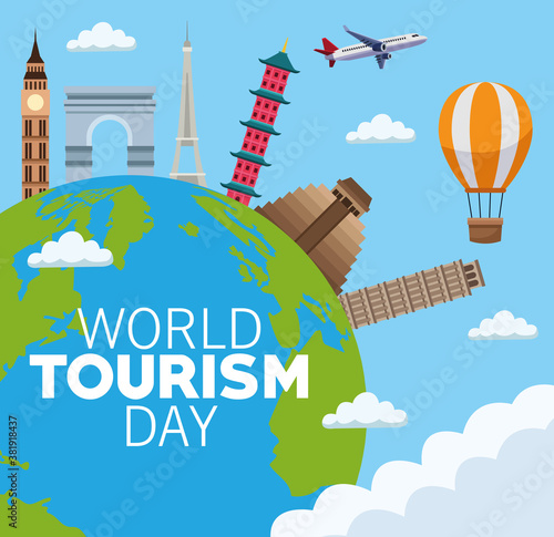 world tourism day lettering celebration with earth planet and monuments photo