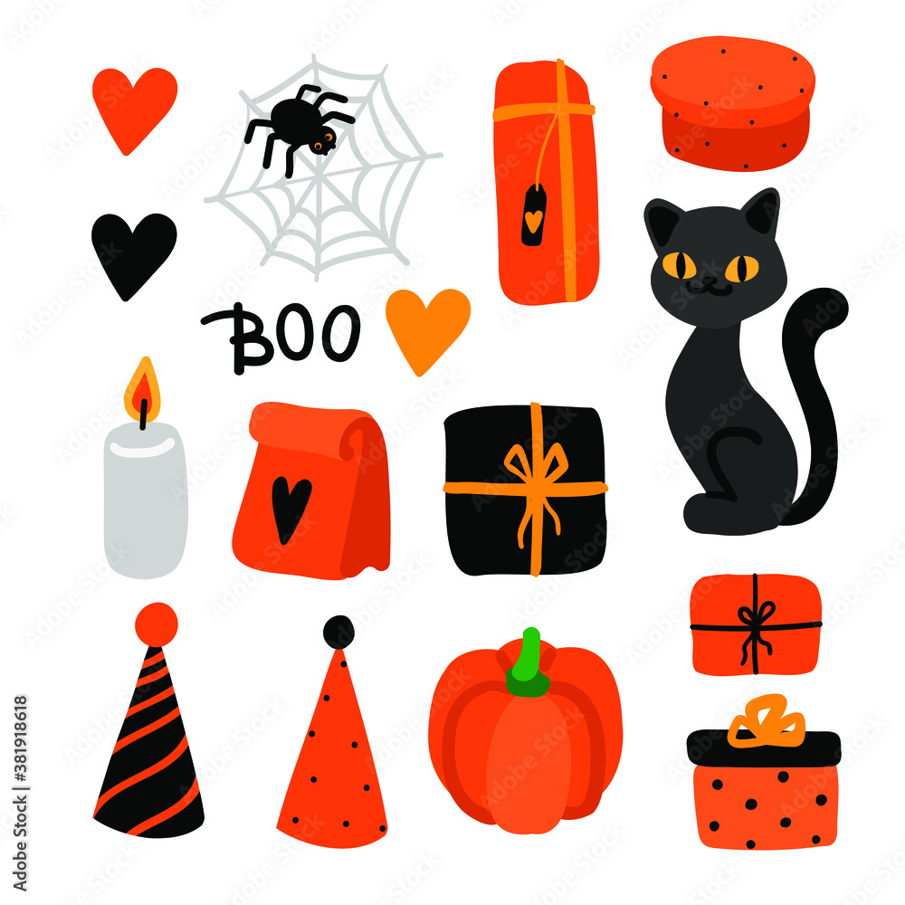 halloween set with cat on the white background halloween set with cat on the white background