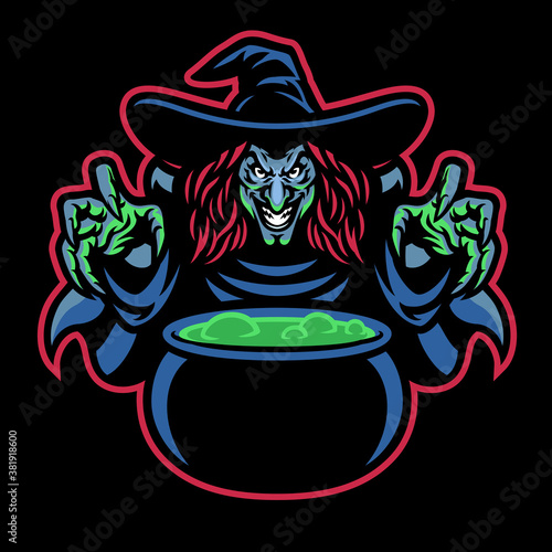 lady witch mascot cooking the potion