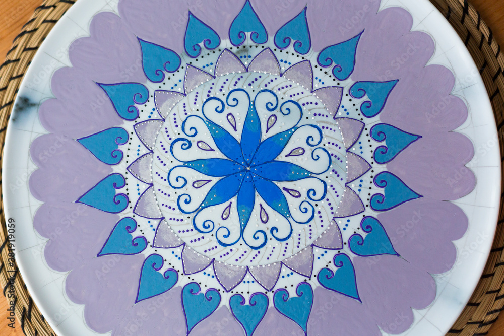 Fragment of decorative plate or platter, painted in oriental style with blue, violet and silver acrylic paint