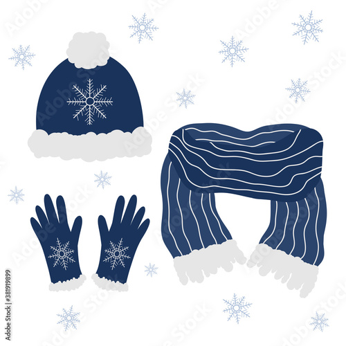 Set of doodle winter clothes. Dark blue hat, glove and scarf with light fur and snowflakes on white isolated background.