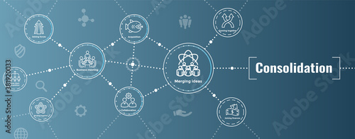 Companies merging together, one buying out the other - icon set