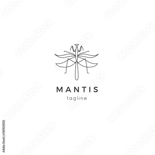 Vector insect logo template with a mantis graphics. Minimal hand drawn illustration.
