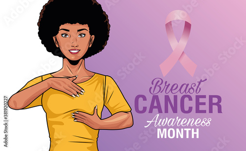 breast cancer awareness month lettering with afro woman self exam and ribbon