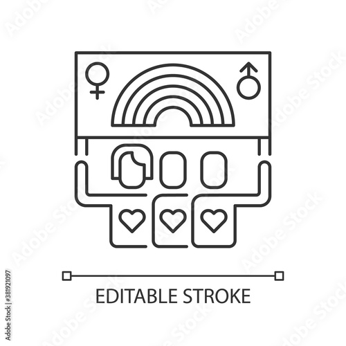 Pride parade pixel perfect linear icon. Bisexual life. People holding banner with rainbow flag. Thin line customizable illustration. Contour symbol. Vector isolated outline drawing. Editable stroke