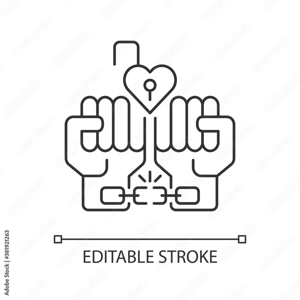Free love pixel perfect linear icon. LGBTQ coming out. Hands breaking chains. Gay rights. Thin line customizable illustration. Contour symbol. Vector isolated outline drawing. Editable stroke Free love pixel perfect linear icon. LGBTQ coming out. Hands breaking chains. Gay rights. Thin line customizable illustration. Contour symbol. Vector isolated outline drawing. Editable stroke