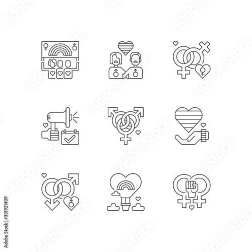 Pride life linear icons set. Gay and lesbian lifestyle signs. Bisexual culture. Rainbow flag. Customizable thin line contour symbols. Isolated vector outline illustrations. Editable stroke