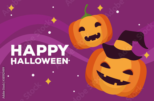 happy halloween celebration card with pumpkins and lettering