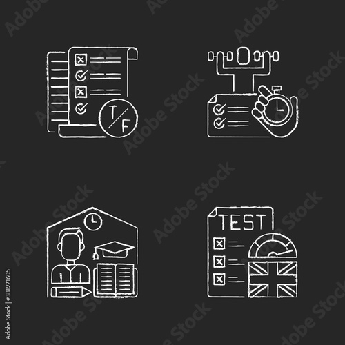 True false test chalk white icons set on black background. Placement exam. Physical skills testing. Examination and education. Right answer. Isolated vector chalkboard illustrations