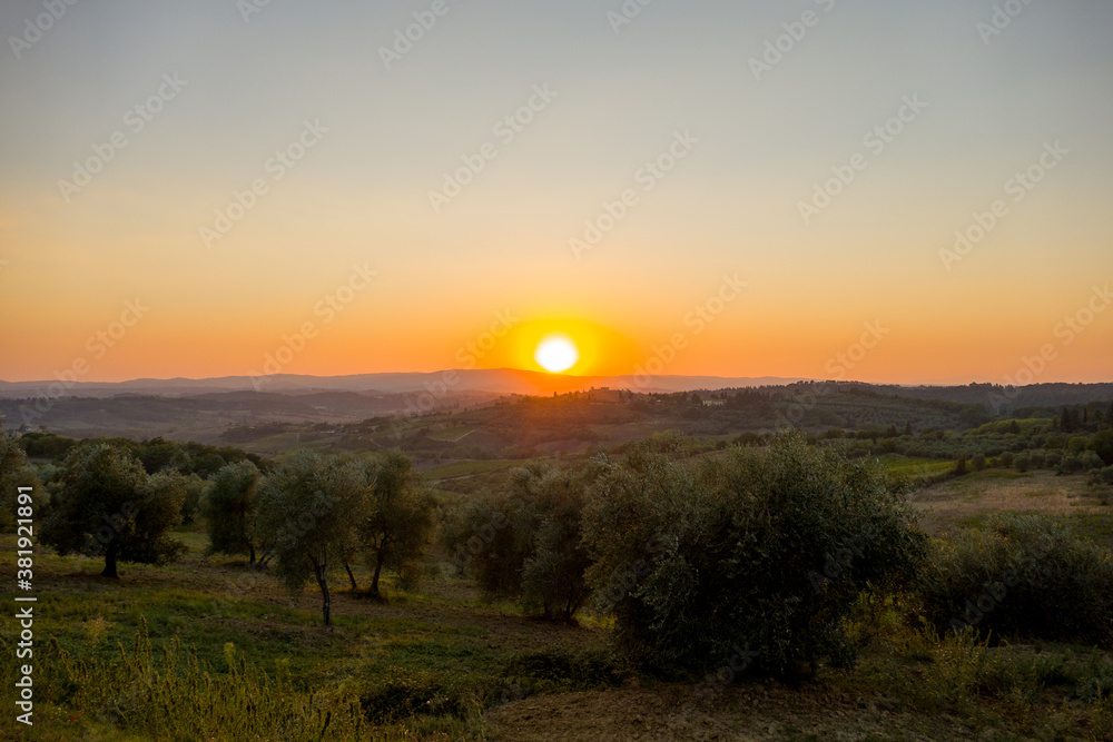 Sunset over the winyards and cypress of the Tuscany, Italy with San Gimignano in the background