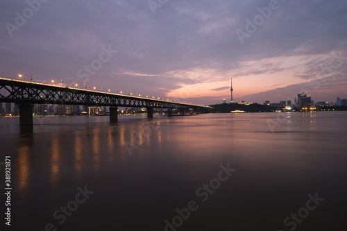 sunset of Wuhan Yangtze River Bridge. landmark of Wuhan,Hubei,China. Beautiful blue hour of famous Chinese landmark  