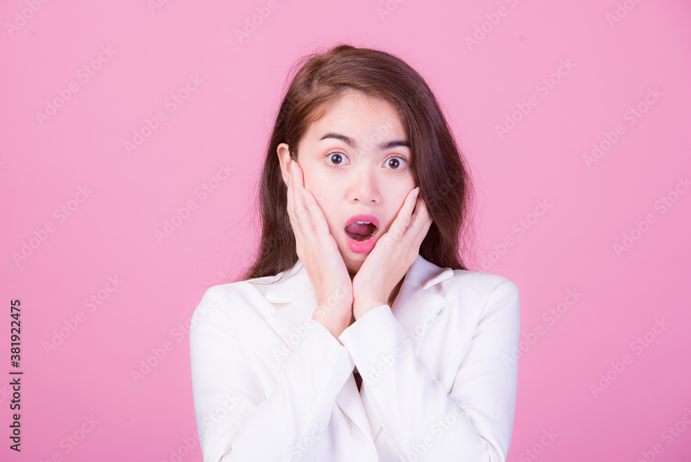 Portrait of beautiful asia young woman, on pink color background with copy space. Human face expressions, emotions feelings, body language,beauty and fashion concept. Portrait of beautiful asia young woman, on pink color background with copy space. Human face expressions, emotions feelings, body language,beauty and fashion concept.